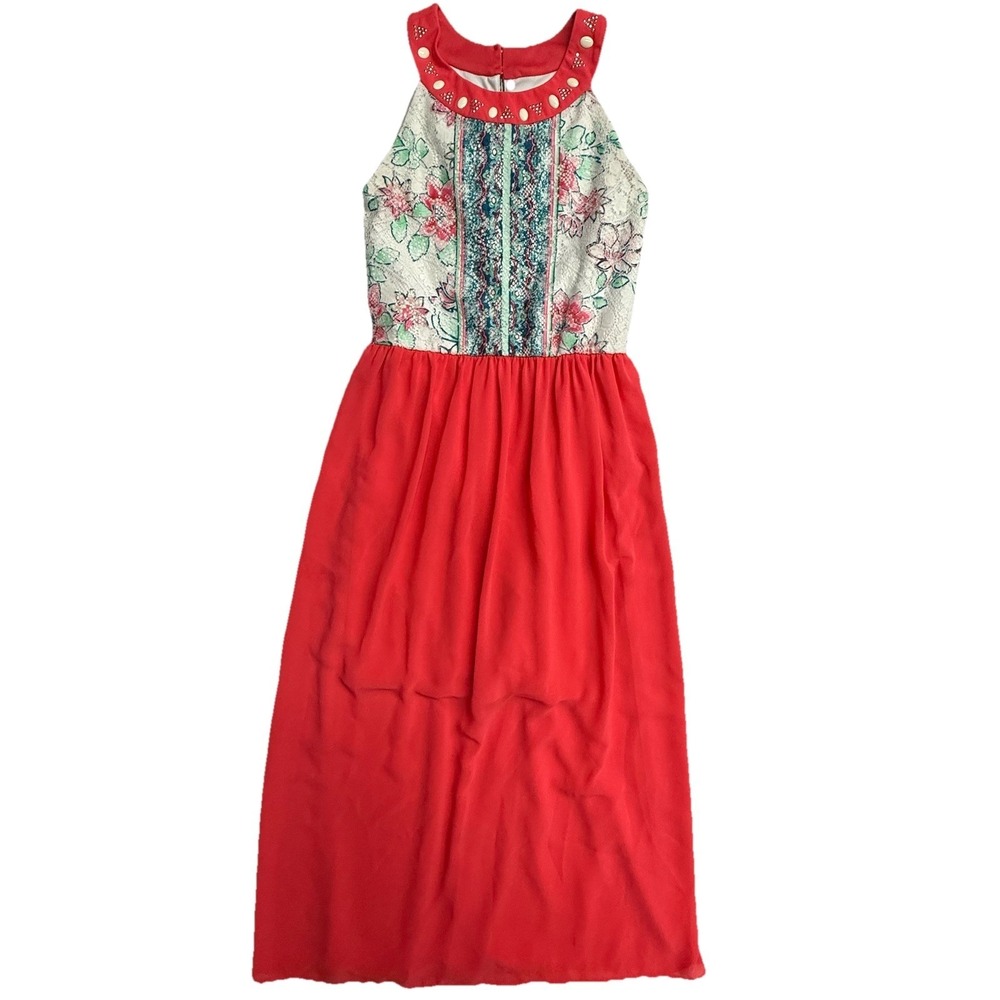 IZ Byer Girl 12 Coral Dress Floral Lace Studded Neck Sleeveless Tie‎